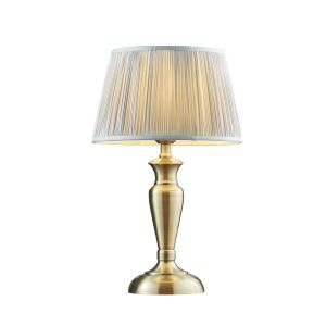 Oslo Medium 1 Light E27 Antique Brass Table Lamp C/W Freya 12" Silver Silk Pleated Shade