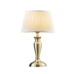 Oslo Medium 1 Light E27 Antique Brass Table Lamp C/W Freya 12" Vintage White Silk Pleated Shade