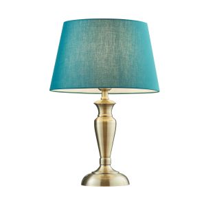 Oslo Medium 1 Light E27 Antique Brass Table Lamp C/W Evie 14" Green Cotton Tapered Shade