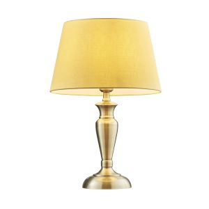 Oslo Medium 1 Light E27 Antique Brass Table Lamp C/W Evie 14" Yellow Cotton Tapered Shade