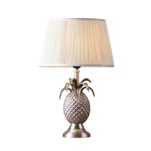 Pineapple 1 Light E27 Pewter Table Lamp C/W Freya 12" Vinatge White Pleated SIlk Shade