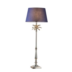 Leaf Tall Chic Leaf 1 Light E27 Polished Nickel Table Lamp C/W Evie 14" Navy Cotton Tapered Shade