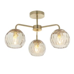 Dimple 3 Light E14 Brushed Brass Semi-Flush Ceiling Fitting C/W Champagne Lustre Dimpled Glass Shades