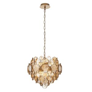 Etna 6 Light E14 Antique Gold Painted Adjustable Chandelier With Clear & Amber Glass Details