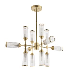 Duomo 12 Light G9 Satin Brass Adjustable Pendant With Ribbed & Frosted Glass Shades