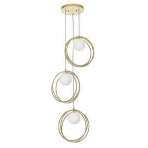 Kauri 3 Light E27 Brushed Gold Loop Adjustable Pendant C/W Opal Glass Shade