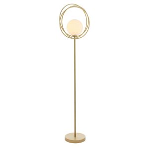 Kauri 1 Light E27 Brushed Gold Loop Floor Lamp With Inline Foot Switch C/W Opal Glass Shade