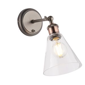 Hal 1 Light E27 Aged Pewter & Aged Copper Toggle Switched Adjustable  Wall Light C/W Clear Glass