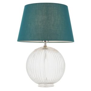 Jemma 1 Light E27 Clear Ribbed Sphere Glass Base With Satin Nickel Table Lamp C/W Evie 14" Green Cotton Tapered Shade