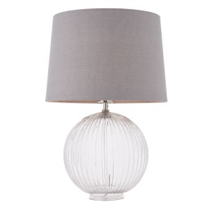 Jemma 1 Light E27 Clear Ribbed Sphere Glass Base With Satin Nickel Table Lamp C/W Mia 14" Charcoal 100% Linen Tapered Shade