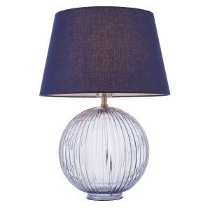 Jemma 1 Light E27 Smokey Grey Tinted Ribbed Sphere Glass Base With Satin Nickel Table Lamp C/W Evie 14" Navy Cotton Tapered Shade