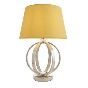 Ritz 1 Light E27 Bright Nickel With Clear Faceted Detail Table Lamp C/W Evie 14" Yellow Cotton Tapered Shade
