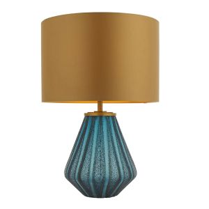 Grandera 1 Light E27 Turquoise Glass Table Lamp With Inline Switch C/W Gold Satin Fabric Shade