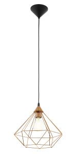 Tarbes 1 Light E27 Copper Adjustable Pendant With Copper Open Style Shade & Black Suspension Cable
