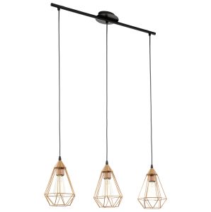 Tarbes 3 Light E27 Copper Adjustable Linear Pendant With Copper Open Style Shade & Black Suspension Cable