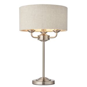 Highclere 3 Light E14 Brushed Chrome Table Lamp C/W Natural 100% Linen Fabric Shade With Brushed Metallic Inner