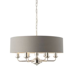Highclere 6 Light E14 Bright Nickel Ceiling Pendant C/W Charcoal Linen Mix Fabric Shade With Brushed Metallic Inner