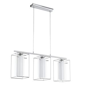 Loncino 3 Light E27 Polished Chrome Adjustable Linear Pendant With Clear & Opal Glass Inner Shade
