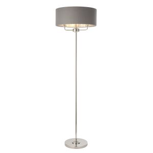 Highclere 3 Light E14 Bright Nickel Floor Lamp C/W Charcoal Linen Mix Fabric Shade With Brushed Metallic Inner