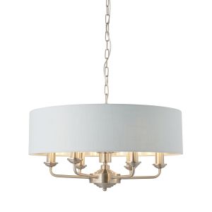 Highclere 6 Light E14 Brushed Chrome Ceiling Pendant C/W Duck Egg Linen Mix Fabric Shade With Brushed Metallic Inner