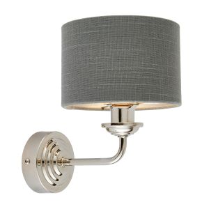 Highclere 1 Light E14 Bright Nickel Wall Light C/W Charcoal Linen Mix Fabric Shade With Brushed Metallic Inner