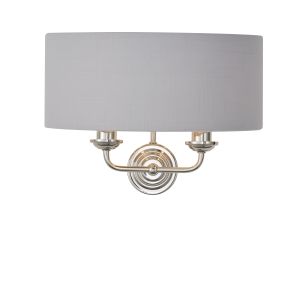 Highclere 2 Light E14 Bright Nickel Wall Light C/W Silver Linen Mix Fabric Shade With Brushed Metallic Inner