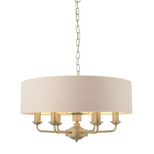 Highclere 6 Light E14 Champagne Painted Ceiling Light C/W Blush Pink Linen Mix Fabric Shade With Brushed Metallic Inner