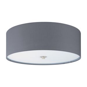 Pasteri 3 Light E27 Satin Nickel Flush Ceiling Light With Grey Fabric Shade