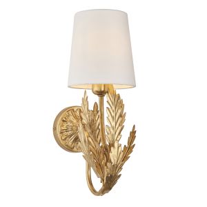 Delphine 1 Light E14 Gold Leaf Wall Light With Floral Leaves C/W Ivory Cotton Fabric Shade