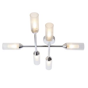 Xila 6 Light G9 Polished Chrome IP44 Bathroom Semi Flush Fitting C/W Clear Ribbed With Frosted Inner Glass Shades
