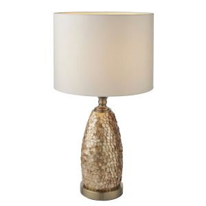 Dahlisbon 1 Light E27 Antique Brass With Capiz Detailed Finish Table Lamp C/Wivory Fabric Shade With Inline Switch