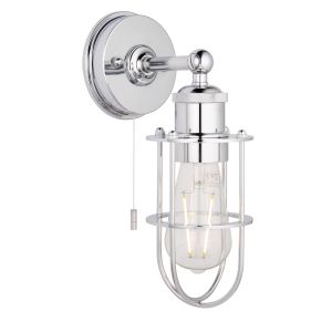 Piero 1 Light E27 Polished Chrome IP44 Bathroom Caged Wall Light With Pull Cord Switch