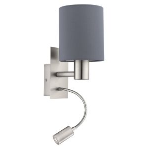 Pasteri 2 Light E27 And Integral LED  Satin Nickel Adjustable Reading Wall Light Light With Grey Fabric Shade
