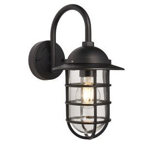 Port 1 Light E27 Black Outdoor IP44 Wall Light With Clear Glass Shade
