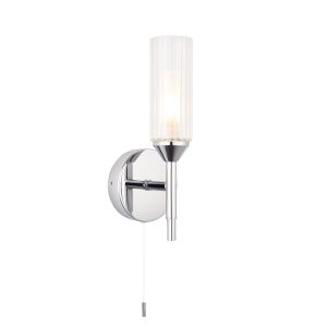 Xila 1 Light G9 Polished Chrome IP44 Bathroom Wall Light With Pull Cord C/W Clear Ribbed With Frosted Inner Glass Shades