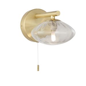 Renzo 1 Light G9 Satin Brass IP44 Bathroom Wall Light With Pull Cord Switch C/W Clear Ribbed Glass Shade