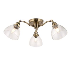 Hansen 3 Light E14 Antique Brass Semi Flush Adjustable Fitting With Clear Glass Shades