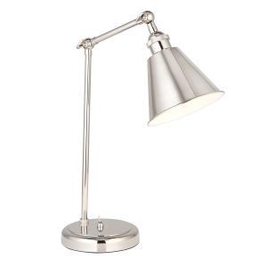 Rumi 1 Light E14 Bright Nickel Adjustable Arm & Head Table Lamp With Toggle Switch & Satin White Painted Inner Shade