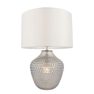 Chelworth 2 Light E27 & E14 Grey Tinted Facetted Glass Lamp Base With Inline Switch C/W Vintage White Fabric Shade