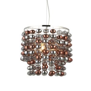 Esme 3 Light E14 Polished Chrome Adjustable Pendant With Cascading Polished Chrome, Copper & Smokey Glass Ball Decorations