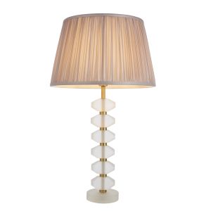 Annabelle 1 Light E14 Table Lamp Brushed Gold With Frosted Crystal Glass With Inline Switch C/W Freya 14" Dusky Plnk Gathered SIlk Fabric Shade