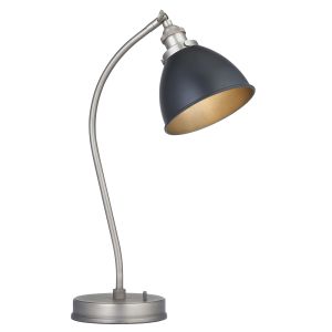 Franklin 1 Light E14 Aged Pewter Adjustable Head Table Lamp With Matt Black Rolled Edge Metal Shade With Inline Switch