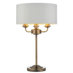 Highclere 3 Light E14 Antique Brass Table Lamp C/W Vintage White Fabric Shade With Gold Metallic Inner