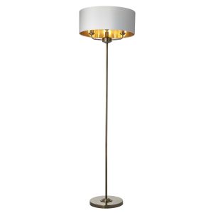 Highclere 3 Light E14 Antique Brass Floor Lamp C/W Vintage White Fabric Shade With Gold Metallic Inner