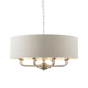 Highclere 8 Light E14 Brushed Chrome Ceiling Pendant C/W Natural 100% Linen Fabric Shade With Brushed Metallic Inner