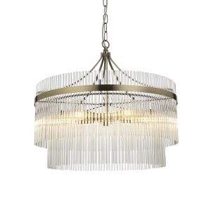 Marietta 5 Light E14 Antique Brass Adjustable Chandelier Pendant With Decorative Clear Glass Rods