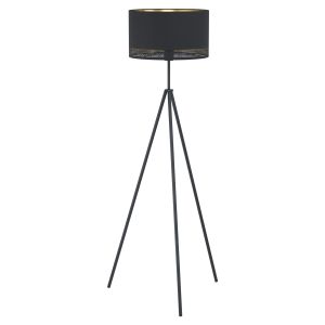 Esteperra 1 Light E27 Black Tripod Floor Lmap With Gold Inner Fabric Shade With Foot Switch