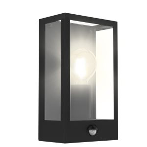 Alamonte 1, Light E27 Outdoor IP44 PIR Sensor Black Wall Light With Clear Glass