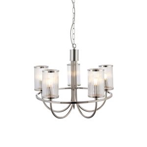 Riko 5 Light E14 Bright Nickel Adjustable Pendant With Clear Ribbed Bubble Glass Shades
