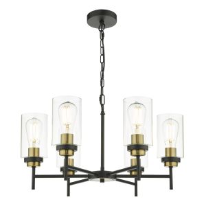Abel 6 Light E27 Satin Black Adjustable Pendant With Satin Brass Accents C/W Clear Cylindrical Glass Shades